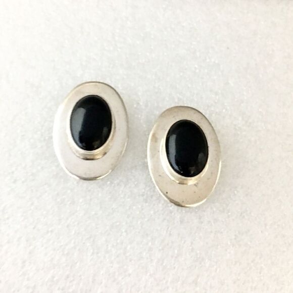 925 Sterling Silver Black Onyx Taxco Mexico Earrings Vintage Oval Pierced 1200 - Picture 6 of 8